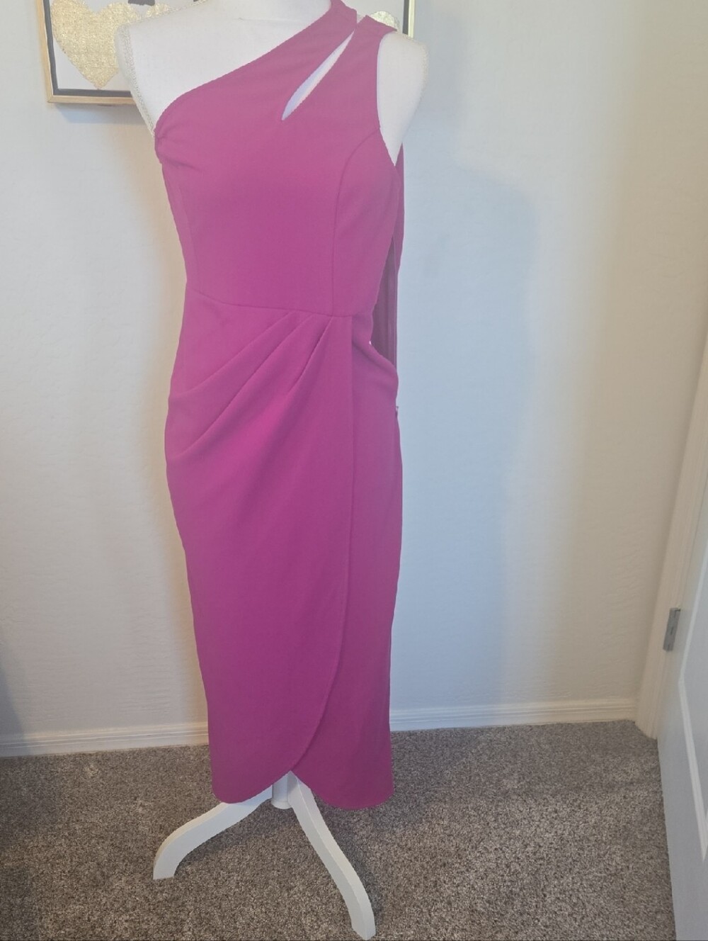 Sleeveless One-Shoulder Magenta Midi Dress